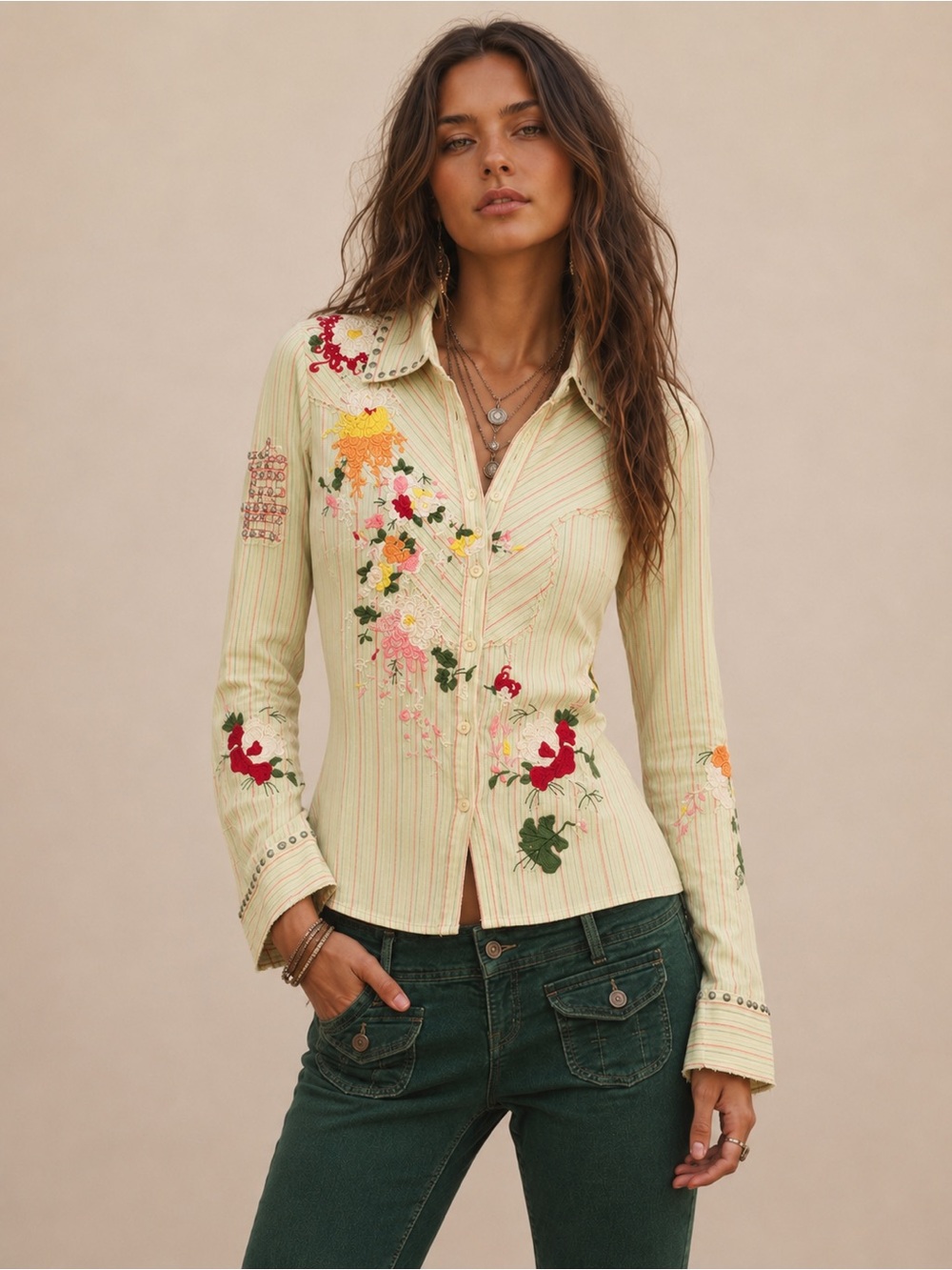 Johnny Was 3J Workshop Western Embroidered Studded Striped Shirt Yellow Green S